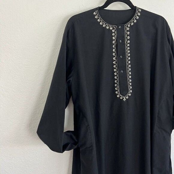 Womens Black Oversized Boho Tunic Top Long Sleeve White Floral Embroidered - Picture 6 of 11